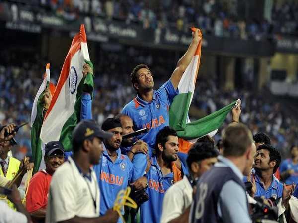 Indian team carrying Sachin Tendulkar on their shoulders after 2011 World Cup win