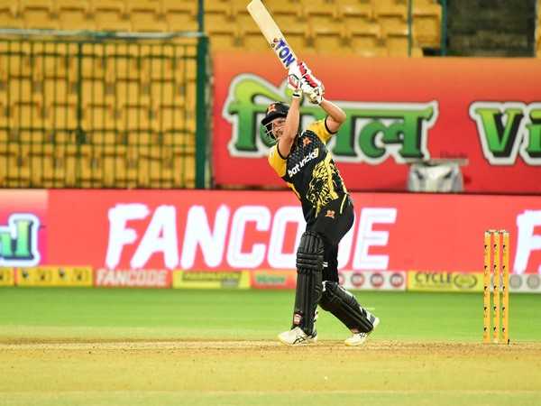 Shivamogga Lions' Abhinav Manohar in action against Kalyani Bengaluru Blasters during KSCA T20 (Image: KSCA)