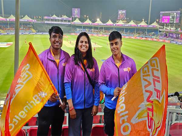 Bharti Fulmali, Prakashika Naik and Kashvee Gautam at Gulf Giants vs Dubai Capitals match in Sharjah. (Picture: Gujarat Giants)